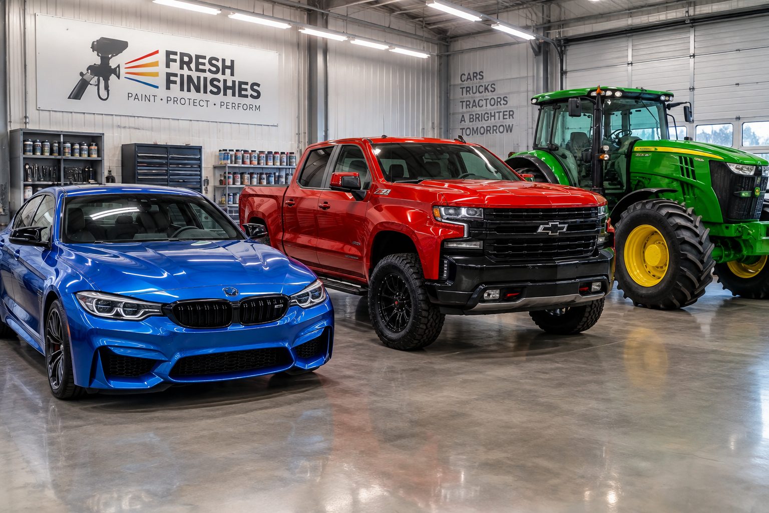 Freshly spray painted vehicles lined up in the workshop