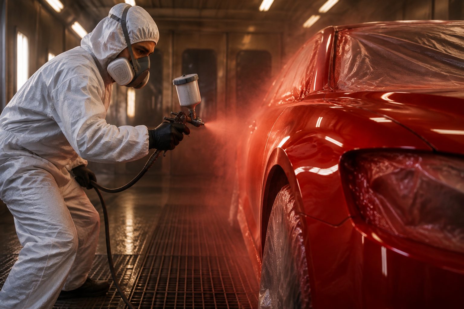 Technician spray painting a vehicle in a professional paint booth