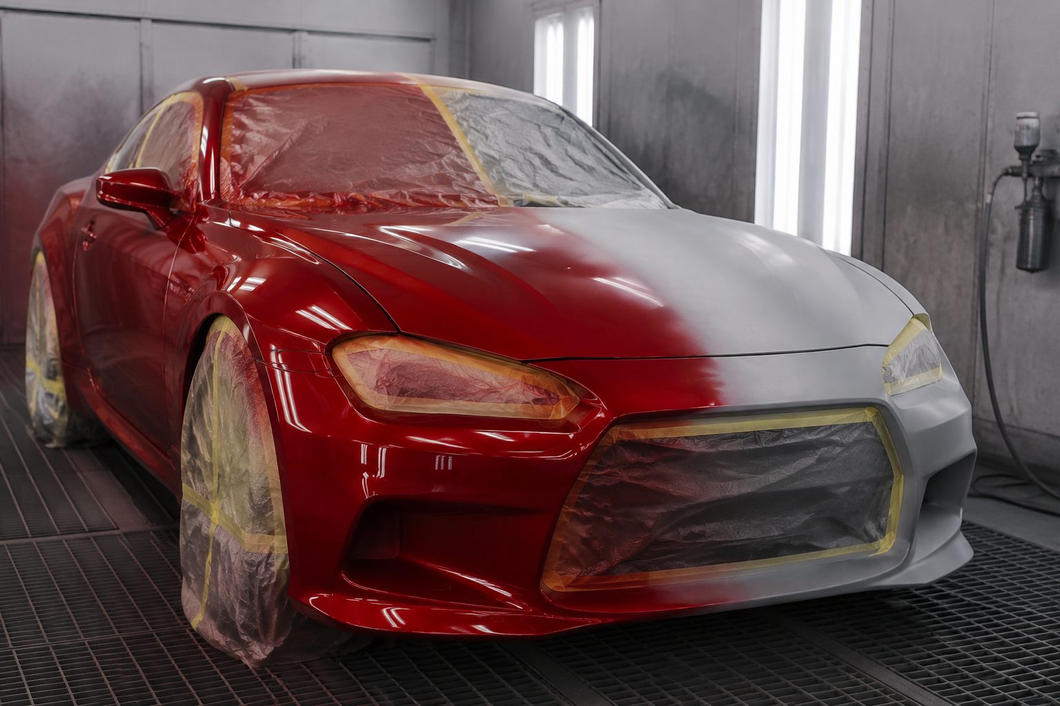 A car body mid-respray, half painted and half in primer