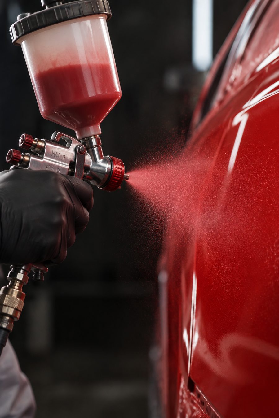 Spray gun applying a fine fan of automotive paint