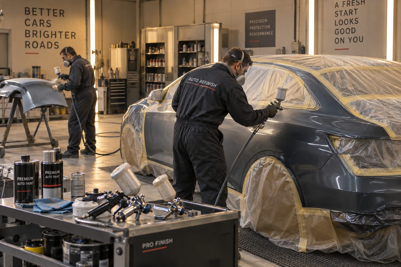 Technicians working in the Tivane Spray and Paint workshop